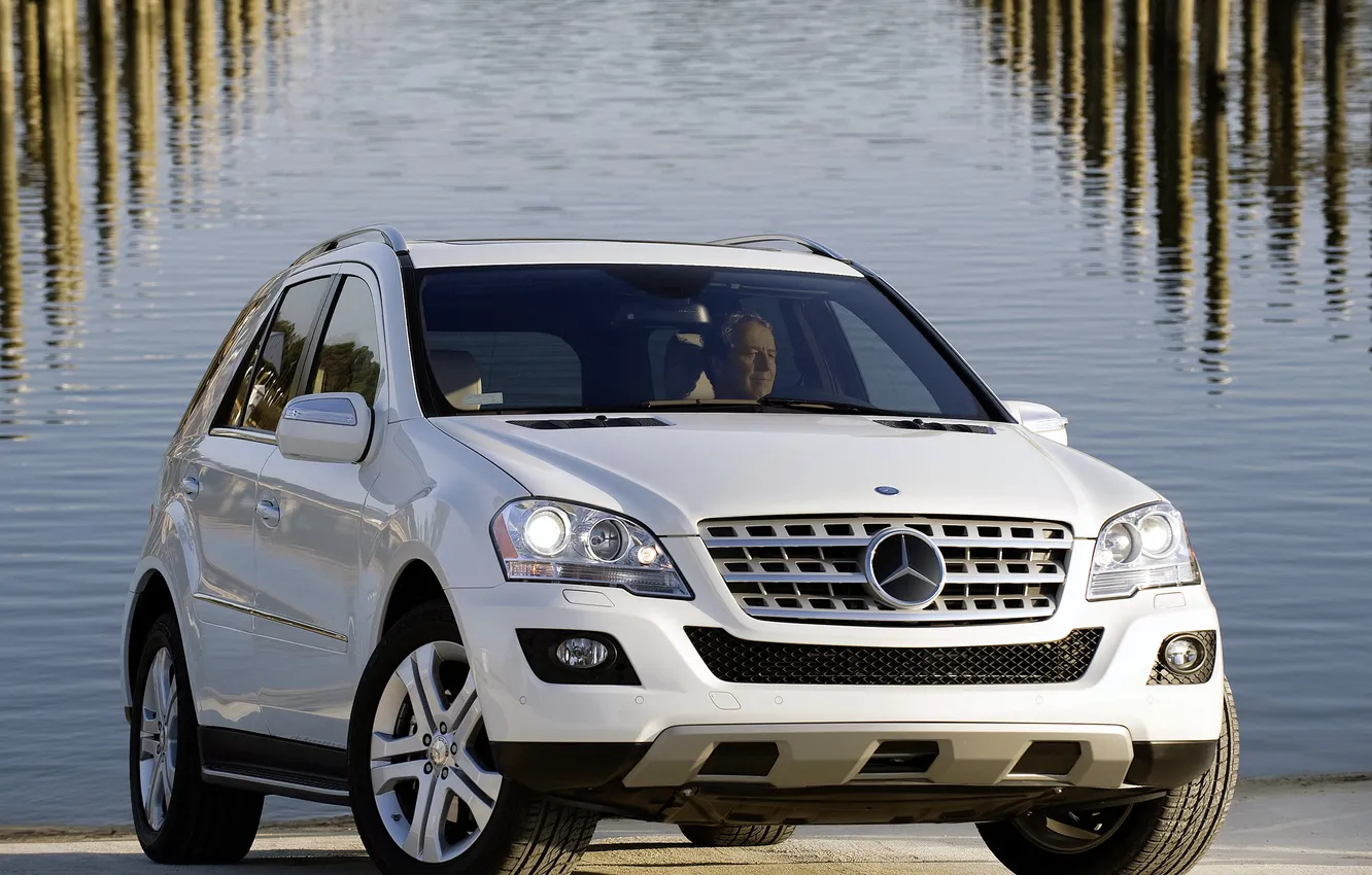 Photo wallpaper white, water, reflection, shore, jeep, mercedes-benz, Mercedes, the front
