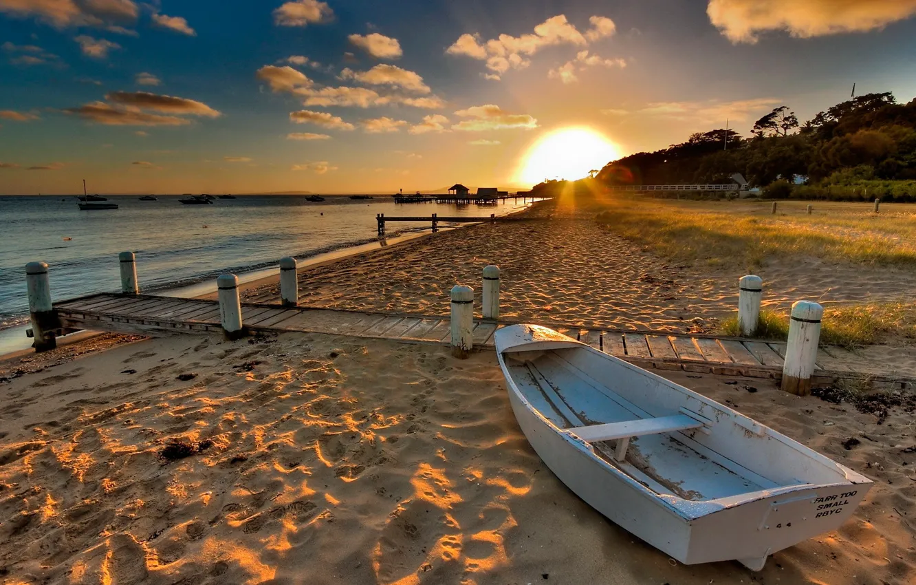 Photo wallpaper sand, water, the sun, sunset, shore, boat