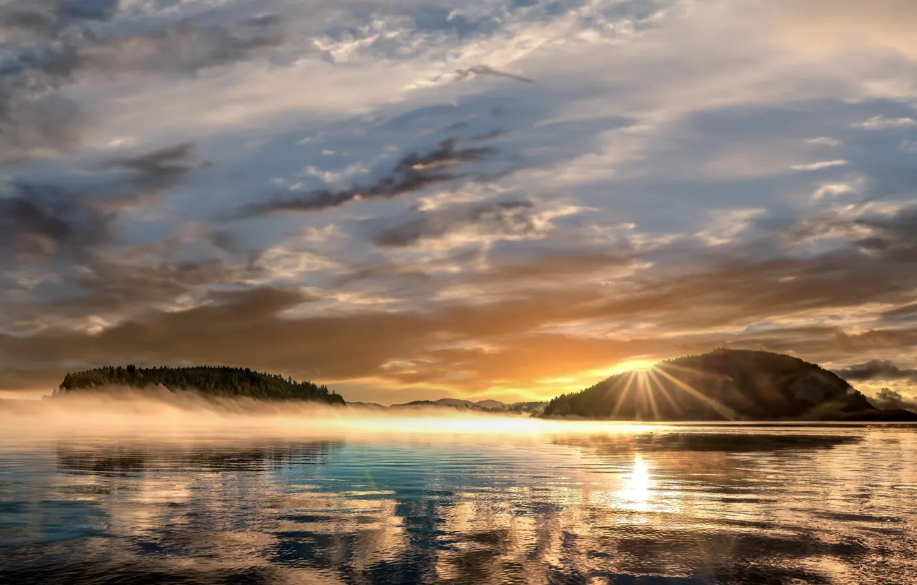 Photo wallpaper sunset, fog, shore