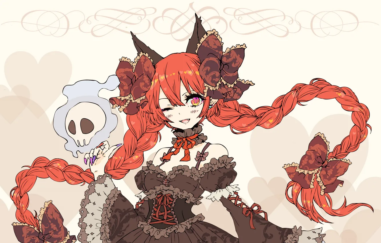 Photo wallpaper skull, hearts, neckline, braid, red, black dress, bow, pink background