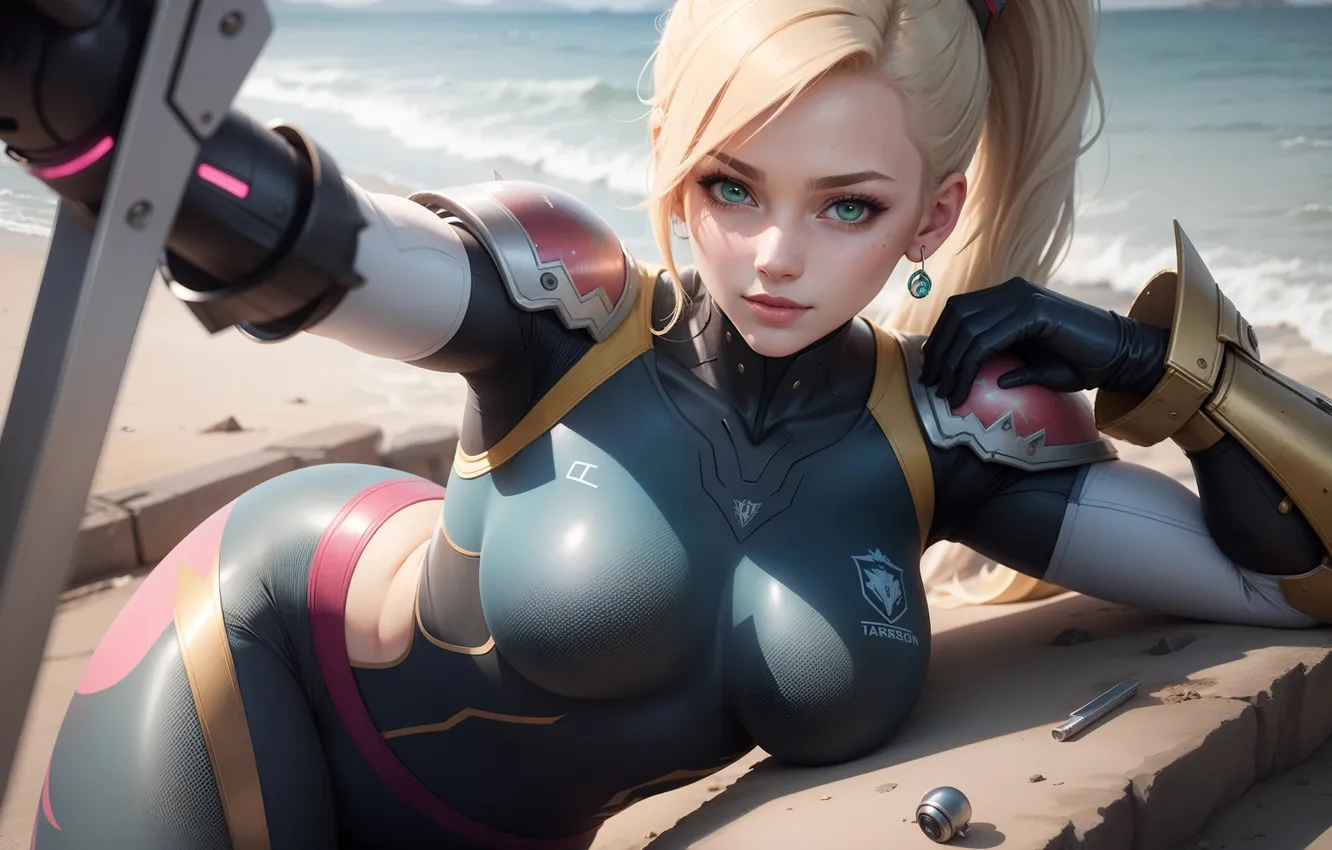 Photo wallpaper girl, the game, beach, Curvy, bodysuit, green eyes, blonde, Street Fighter