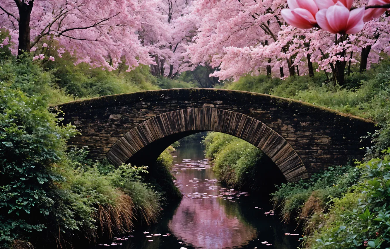 Photo wallpaper trees, bridge, Park, spring, Sakura, flowering, trees, pink