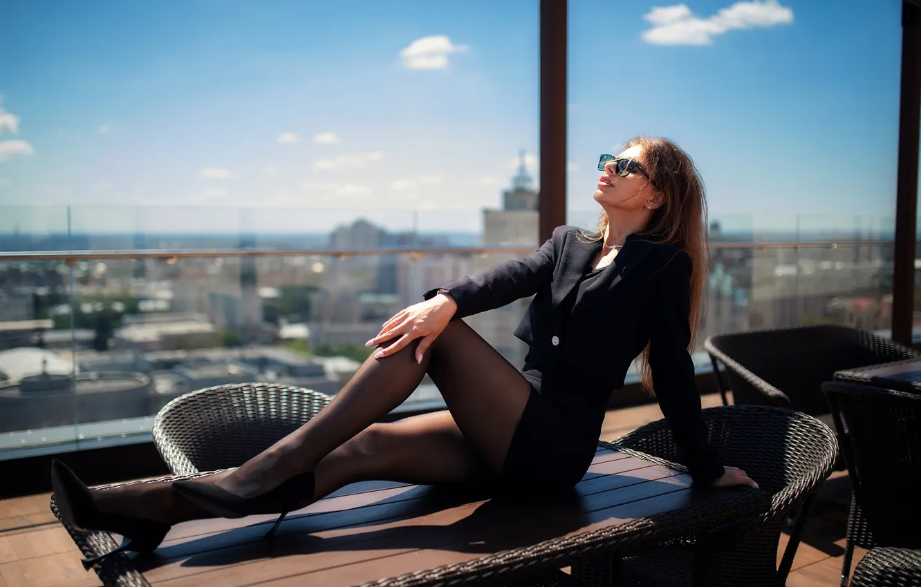 Photo wallpaper girl, pose, window, glasses, costume, shoes, legs, on the table