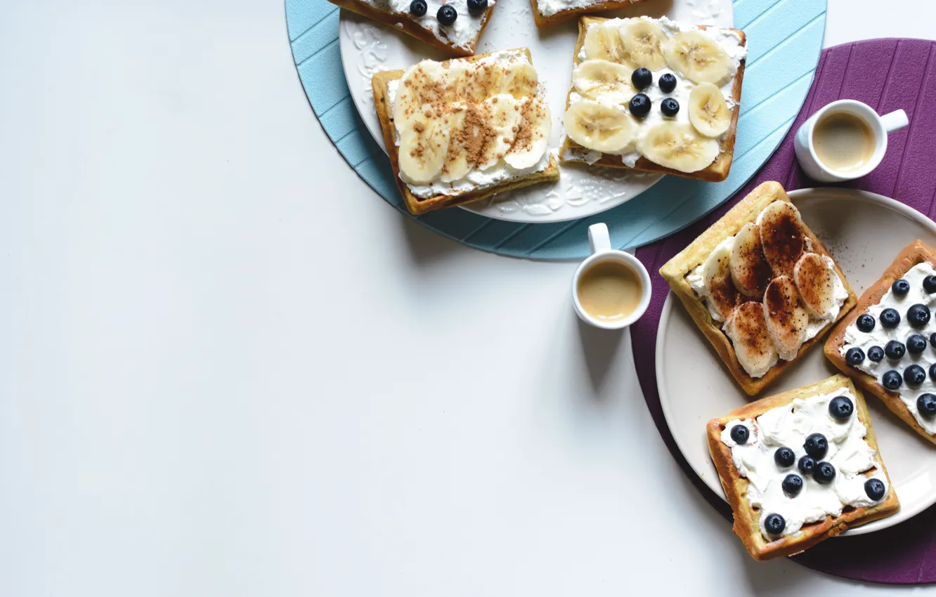 Photo wallpaper coffee, food, Breakfast, blueberries, bananas, waffles, Gregory Krysmalsk