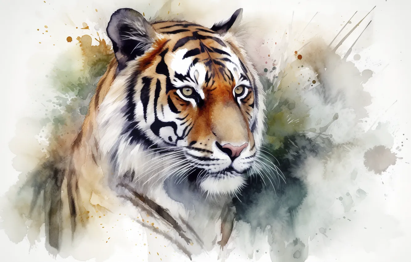 Photo wallpaper look, nature, tiger, picture, watercolor, painting, imitation of watercolor, imitation painting