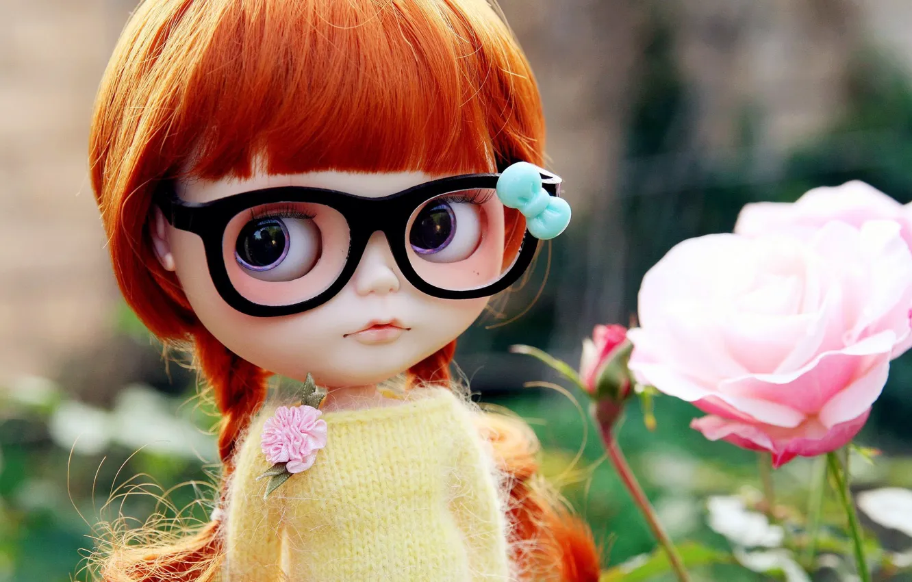 Photo wallpaper toy, rose, doll, glasses, braids, red