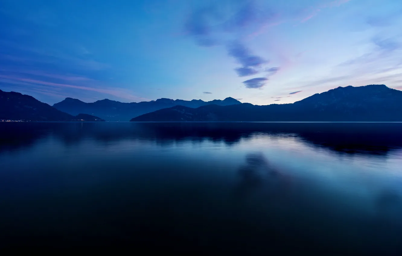 Photo wallpaper mountains, lake, surface, twilight