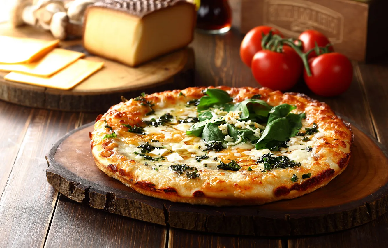 Photo wallpaper table, cheese, pizza, tomatoes, bokeh