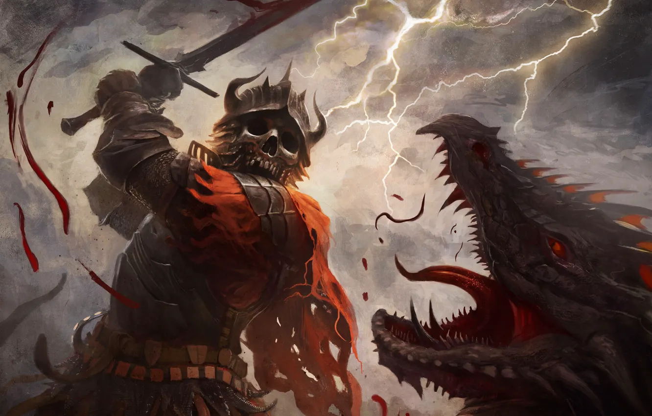 Photo wallpaper fiction, dragon, monster, sword, armor, Dead, battle, art