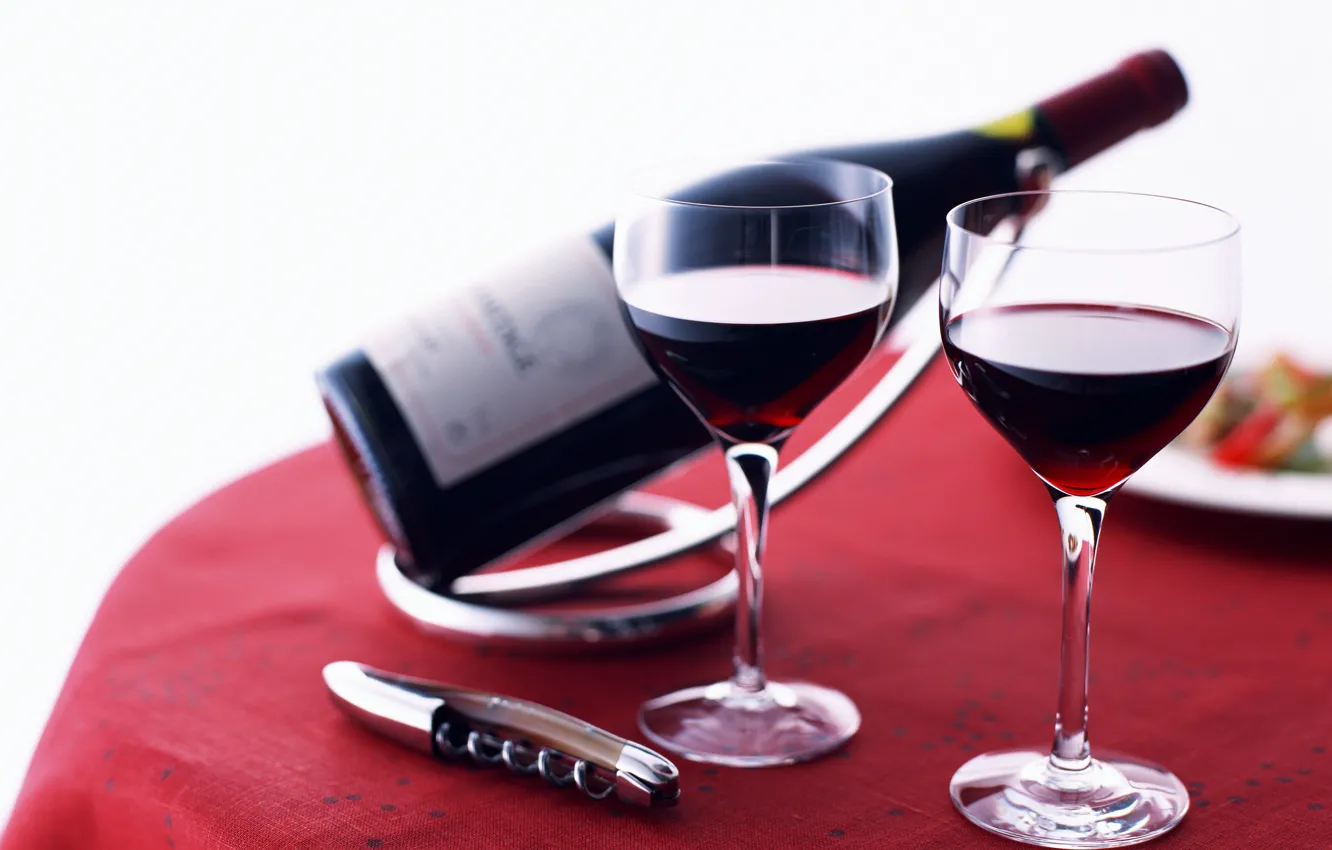 Photo wallpaper red, wine, bottle, table, corkscrew, glasses