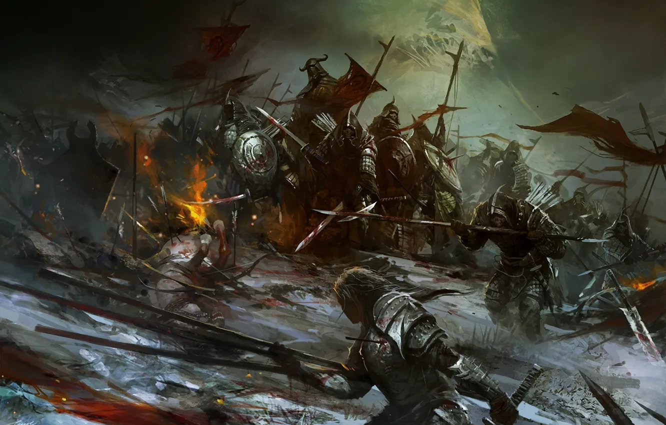 Photo wallpaper fire, blood, warrior, flags, wound, corpses, undead, Army