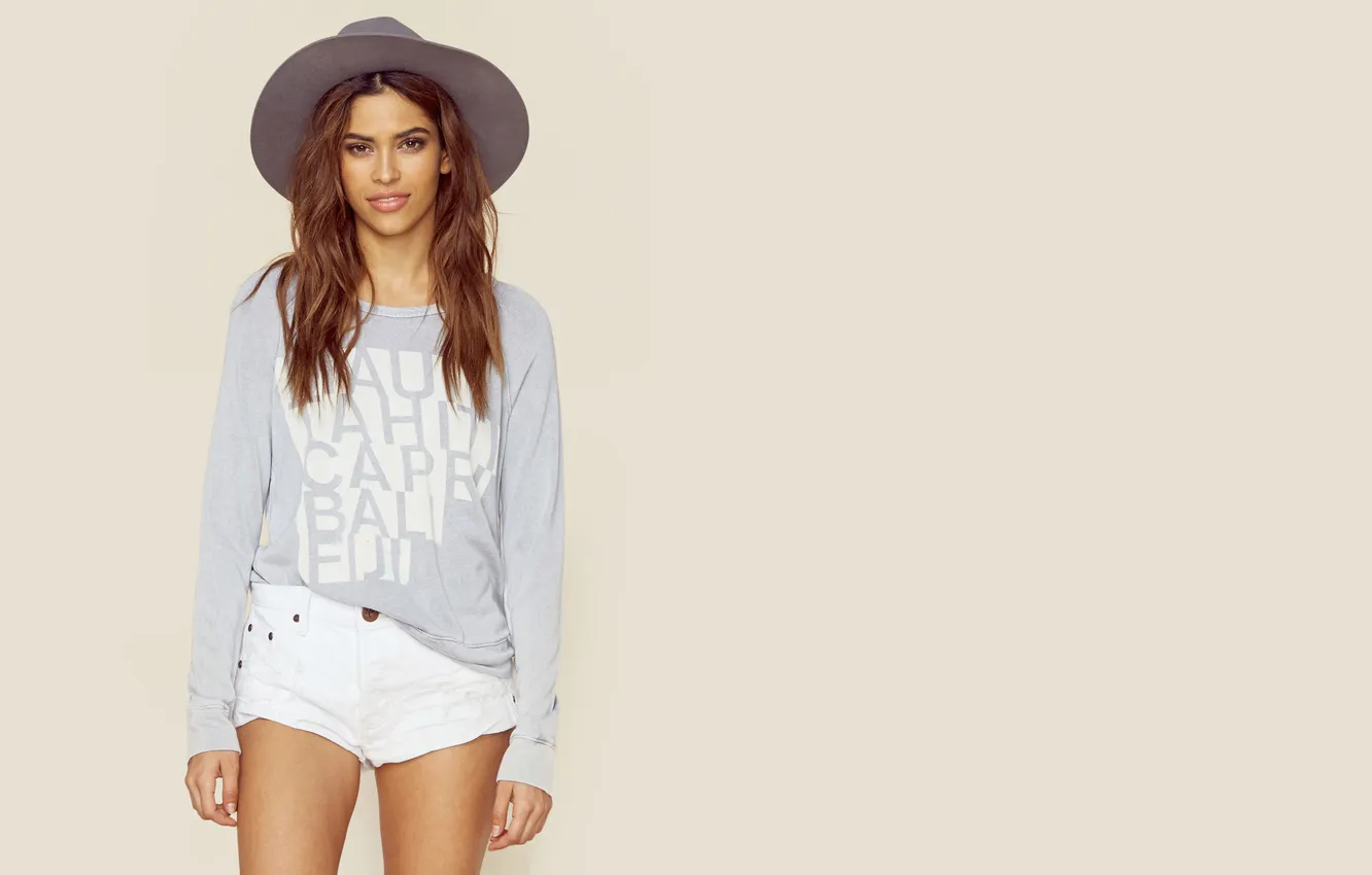 Photo wallpaper sexy, shorts, hat, woman, young, beautiful, model, sweatshirt