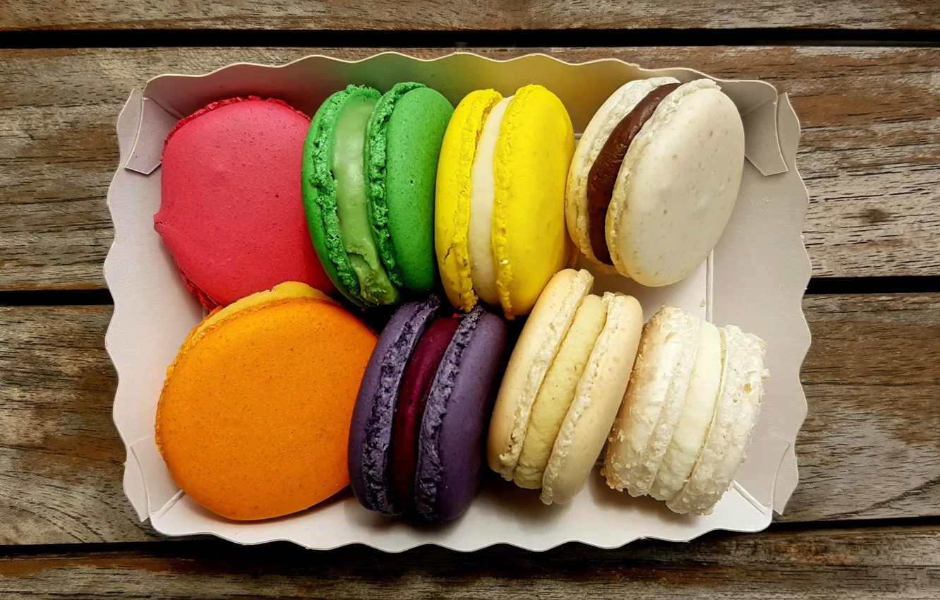Photo wallpaper box, sweets, wood, cakes, macarons