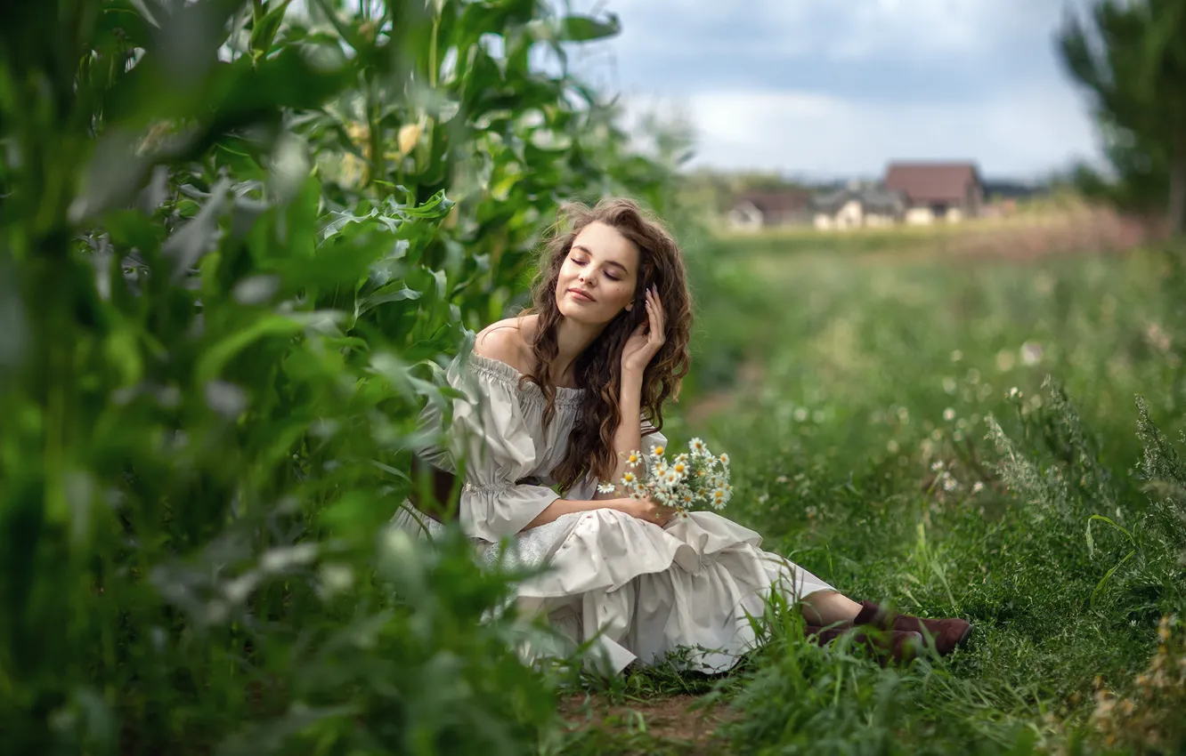 Photo wallpaper grass, girl, flowers, nature, pose, thickets, chamomile, corn