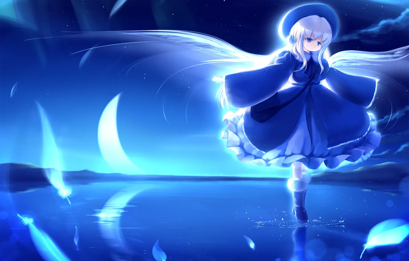 Photo wallpaper water, girl, night, smile, wings, angel, feathers, art