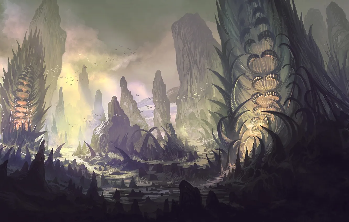 Photo wallpaper mountains, stones, rocks, art, spikes, sharp, fantasy world