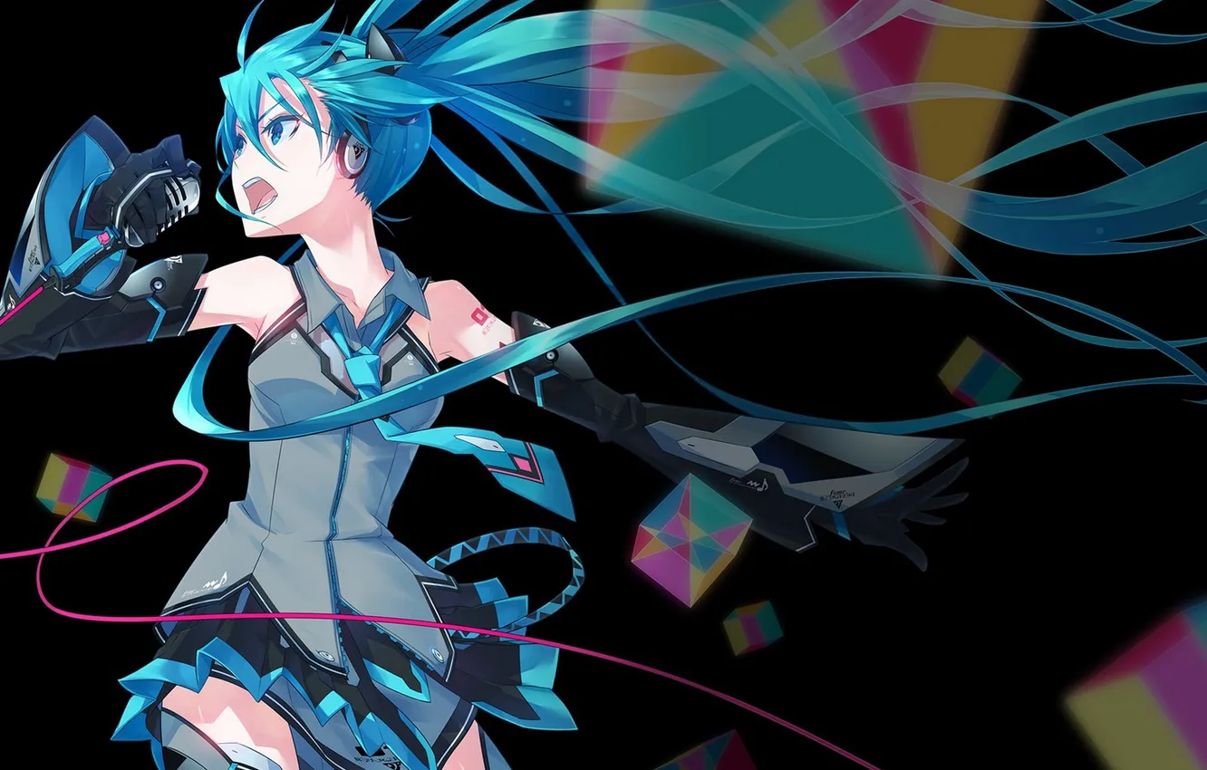 Photo wallpaper girl, wire, anime, headphones, art, microphone, vocaloid, hatsune miku