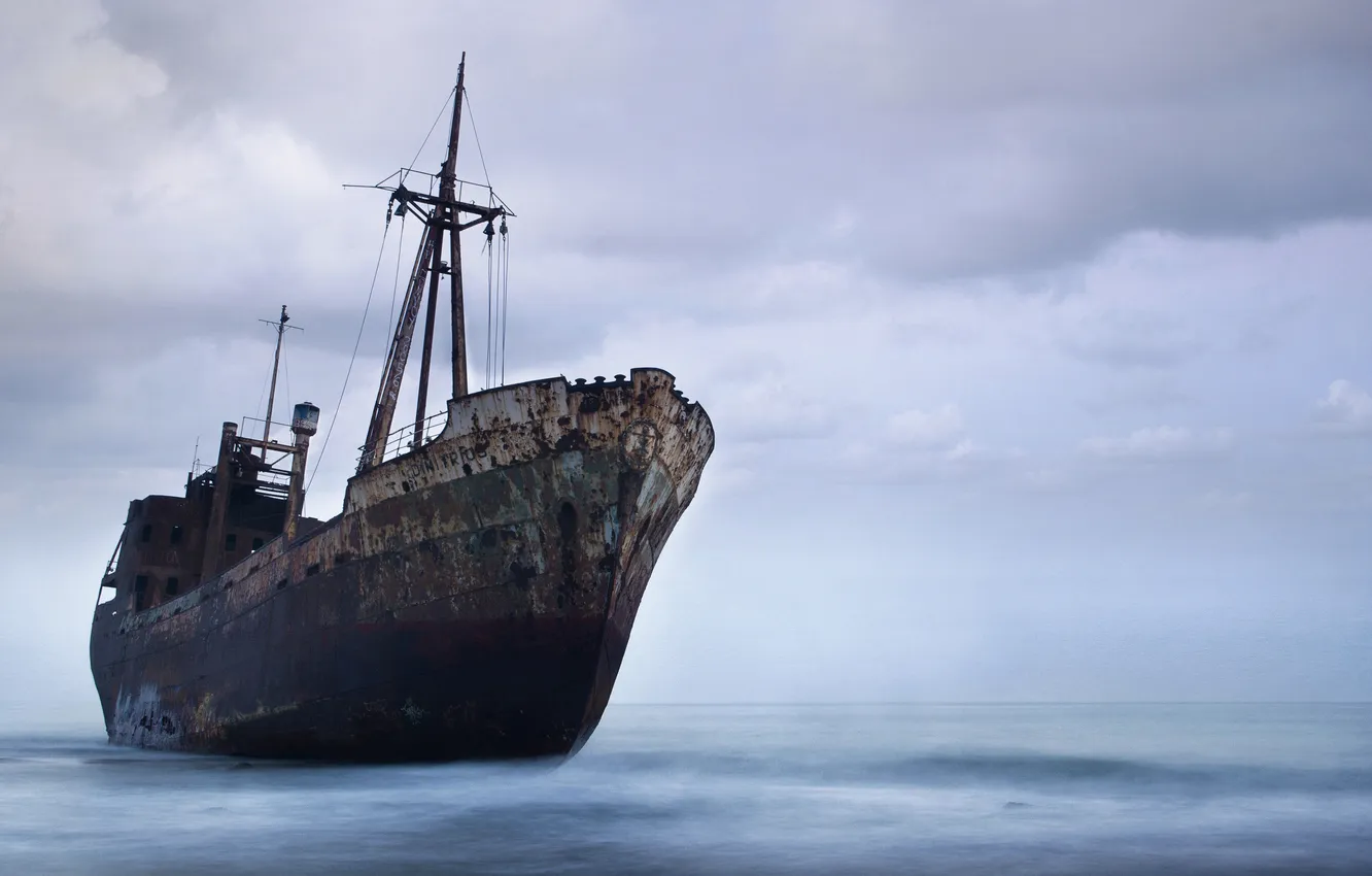 Photo wallpaper sea, rusty, ship, the skeleton