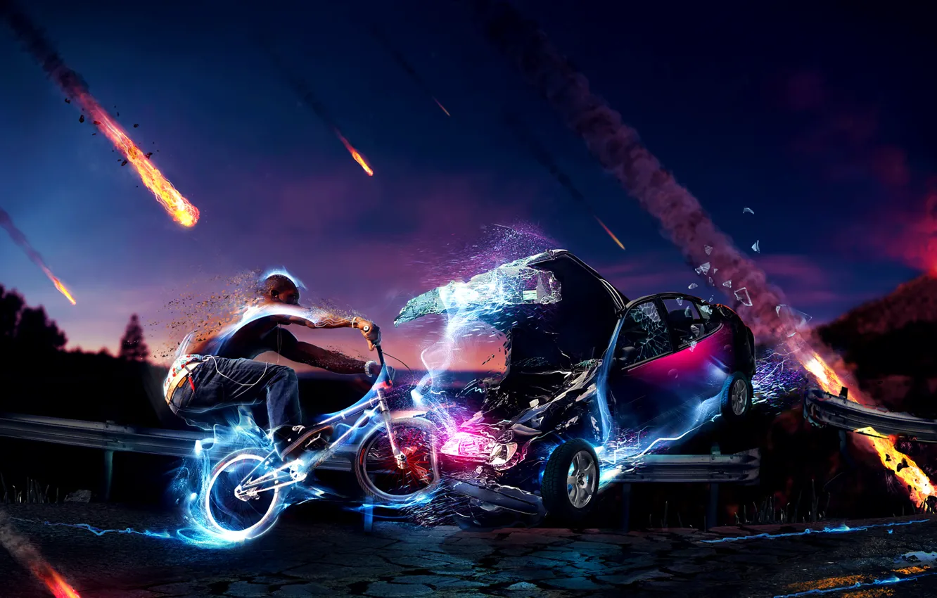 Photo wallpaper car, fire, cycle