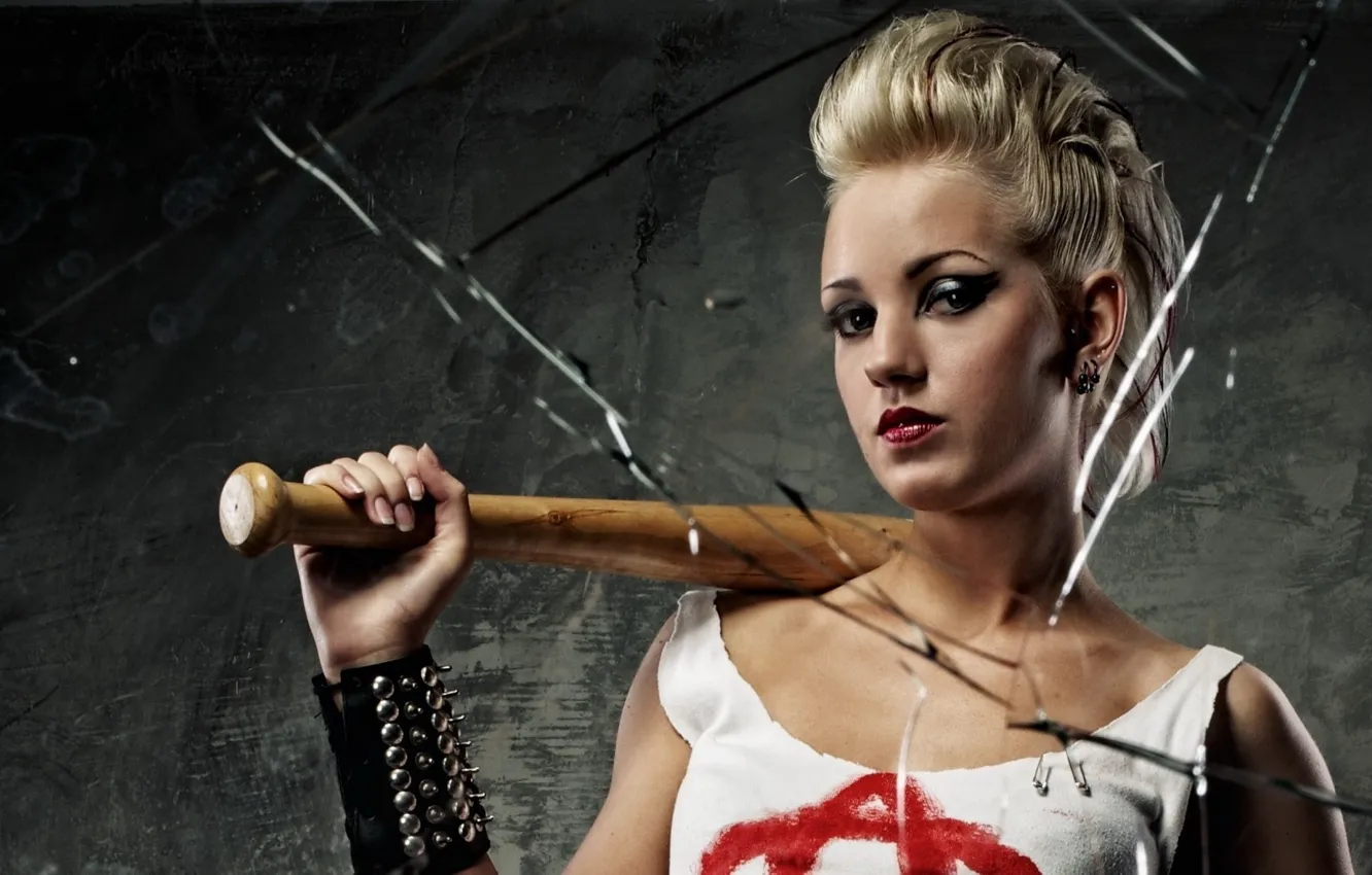 Photo wallpaper girl, glass, blonde, Swatter, Bits, cracks