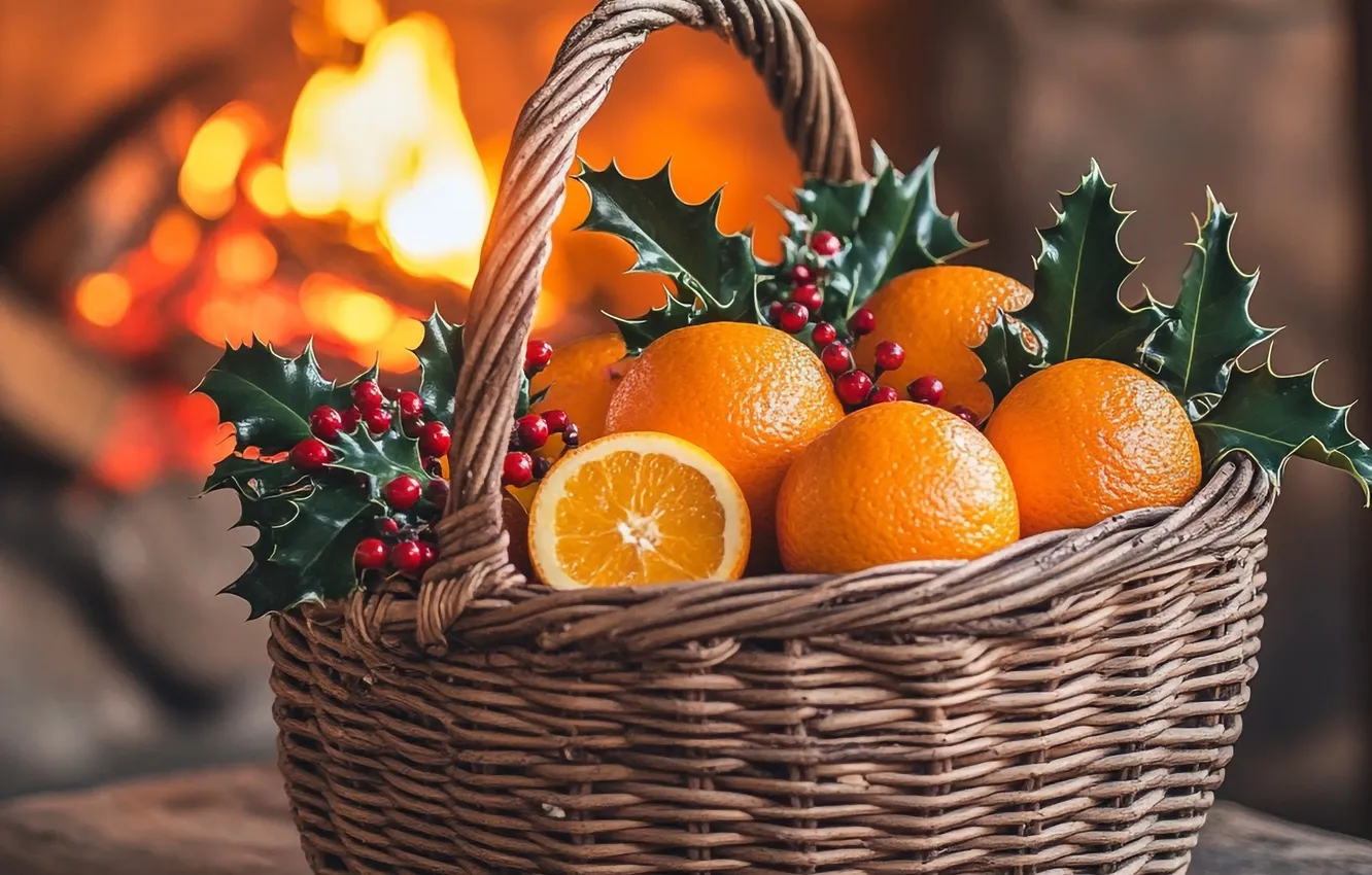 Photo wallpaper new year, orange, Christmas, fireplace, AI art, neural network