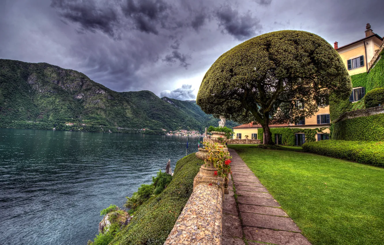 Photo wallpaper clouds, mountains, design, lake, house, tree, lawn, HDR
