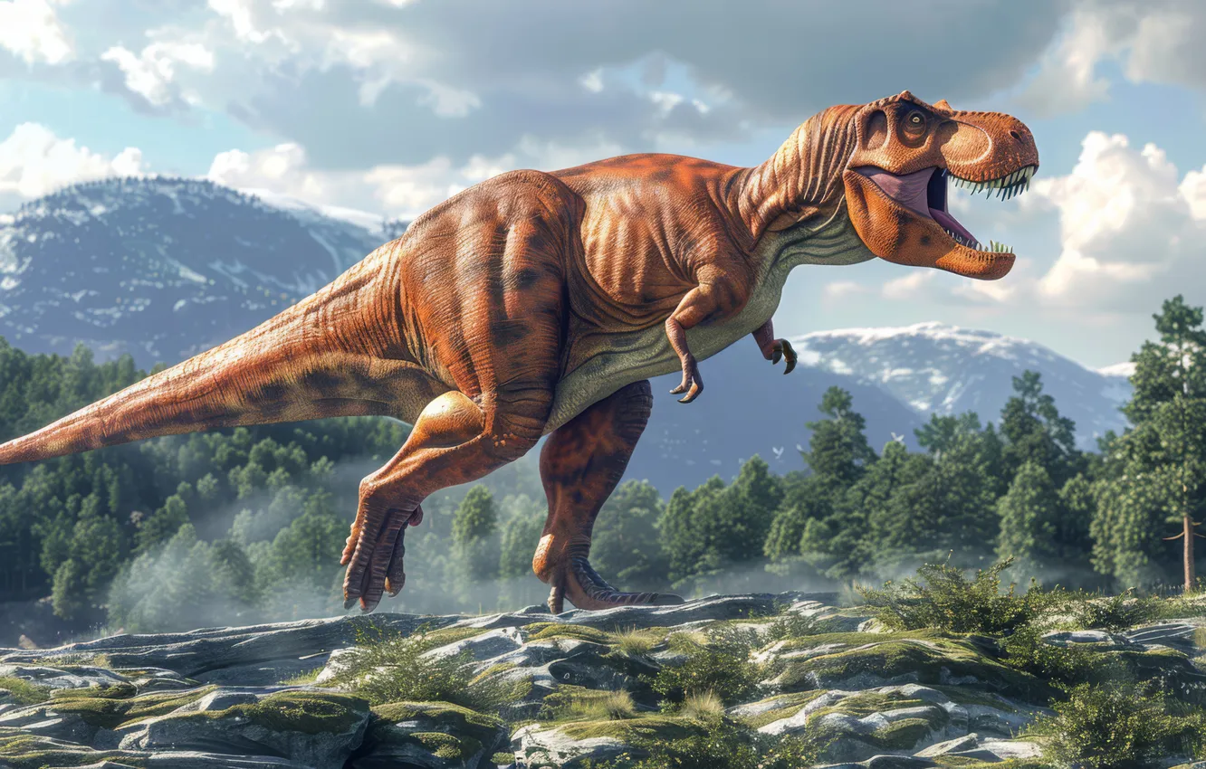 Photo wallpaper Mountains, Stones, Running, Predator, Dinosaur, Animal, Digital art, Tyrannosaurus