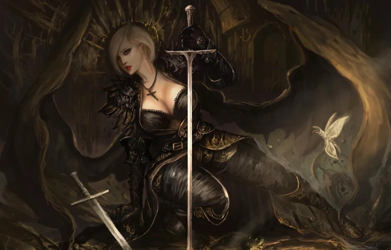 Photo wallpaper girl, sword, lineage ii, the roots of the tree