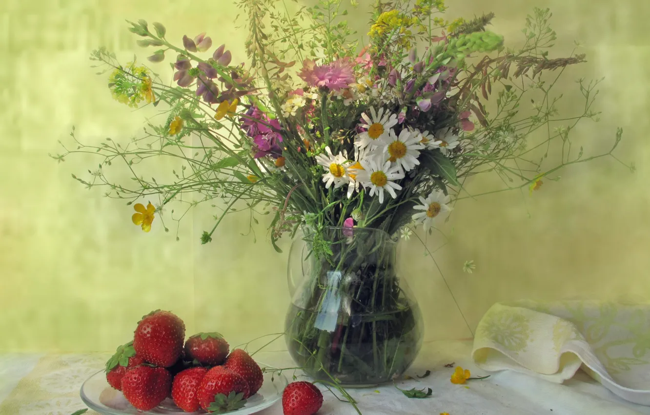 Photo wallpaper summer, berries, chamomile, bouquet, strawberry, pitcher, still life, cornflowers
