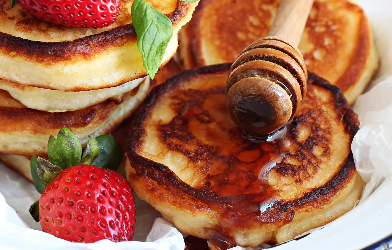 Photo wallpaper strawberry, honey, pancakes