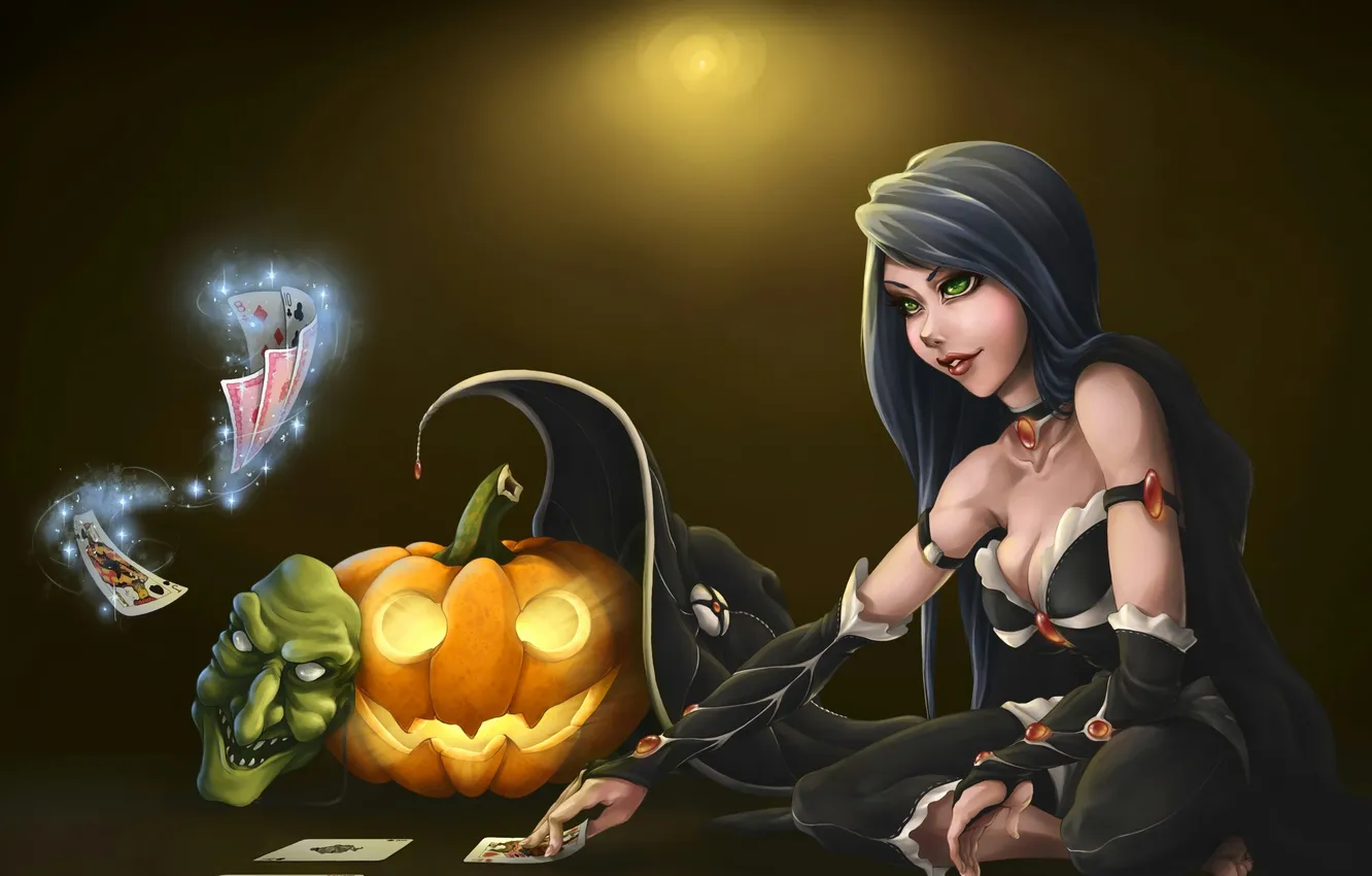 Photo wallpaper girl, holiday, magic, map, mask, Halloween, pumpkin, Halloween