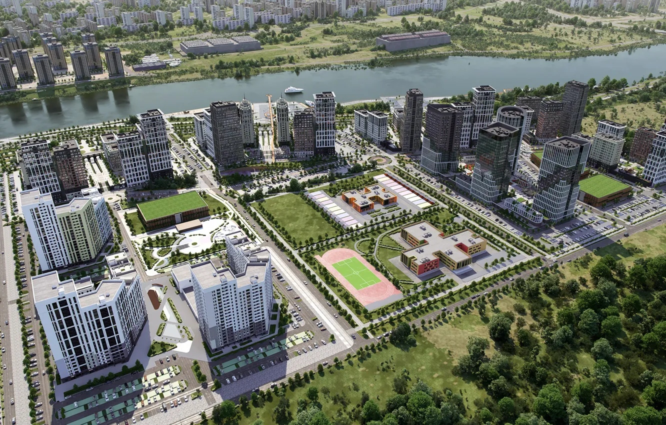 Photo wallpaper trees, river, building, boat, residential complex in the city of Tyumen