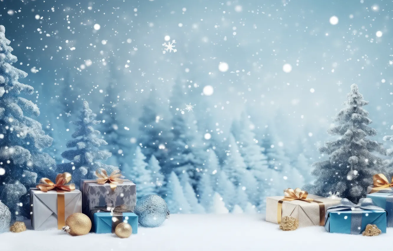 Photo wallpaper winter, frost, forest, balls, snow, snowflakes, box, gift