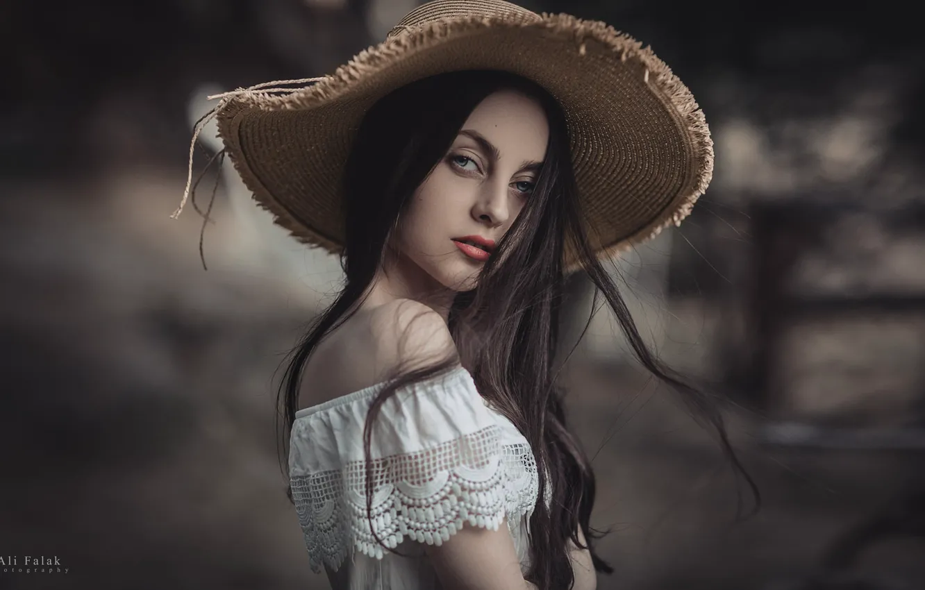 Photo wallpaper look, girl, background, portrait, hat, makeup, dress, brunette