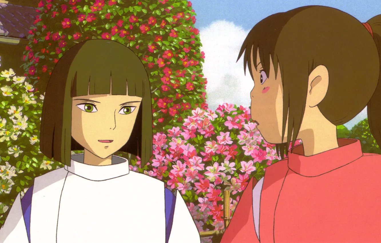 Photo wallpaper Japanese clothing, art, Hayao Miyazaki, flower garden, Haku, Spirited Away, Spirited away, in the garden