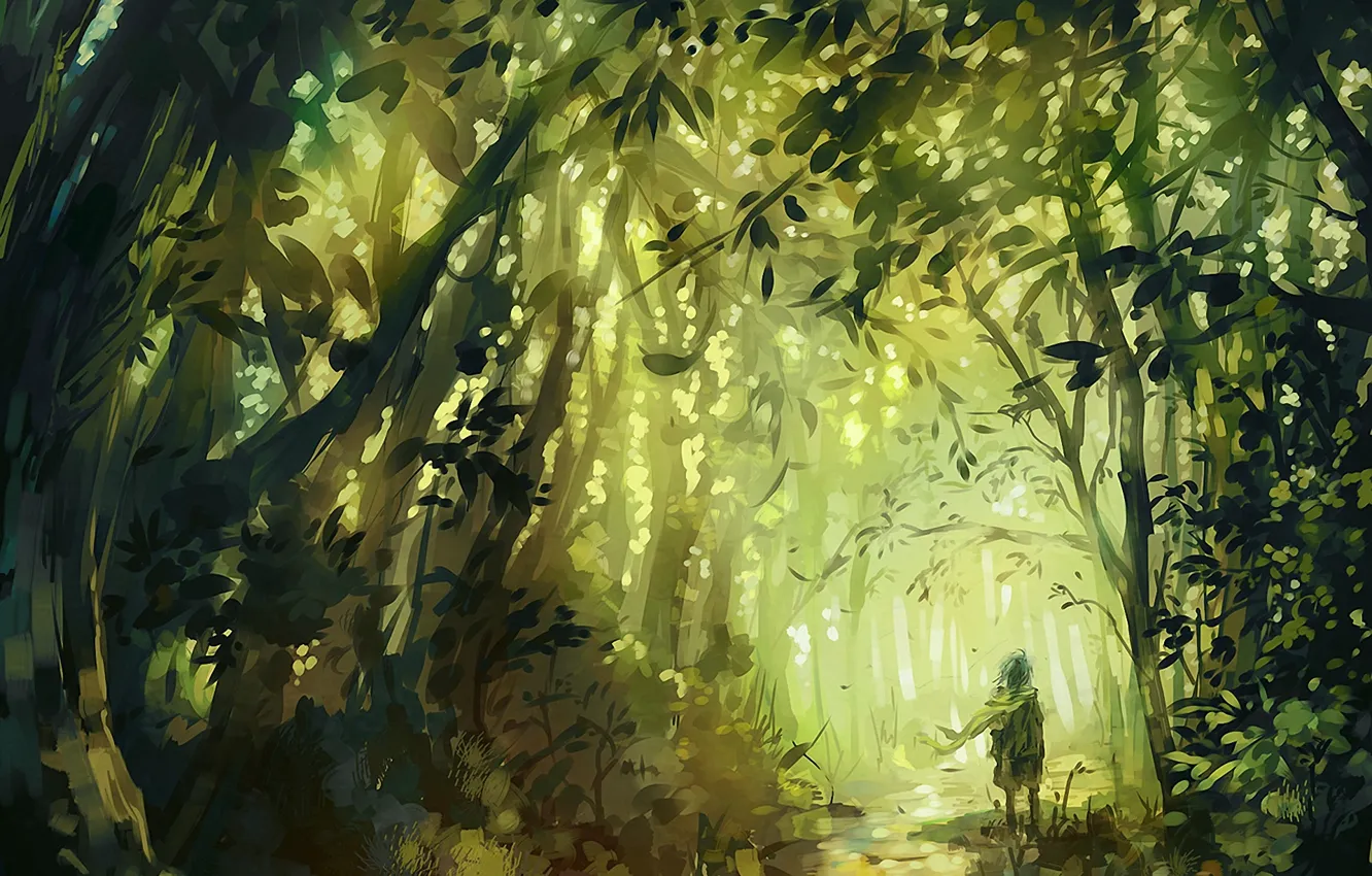 Photo wallpaper forest, trees, people, art, track