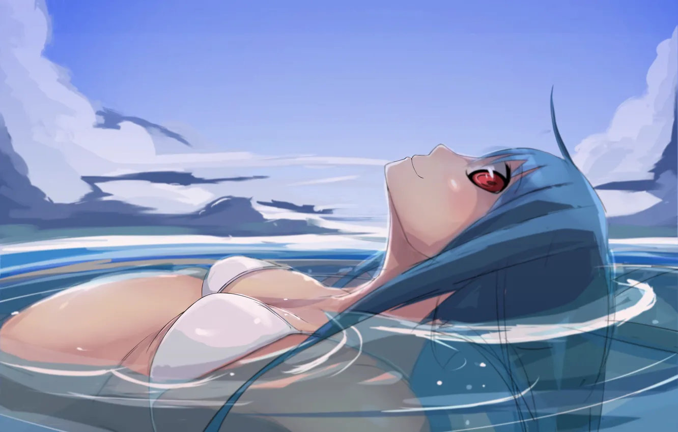 Photo wallpaper swimsuit, the sky, profile, Hinanawi Tenshi, red eyes, blue hair, art, is in the water