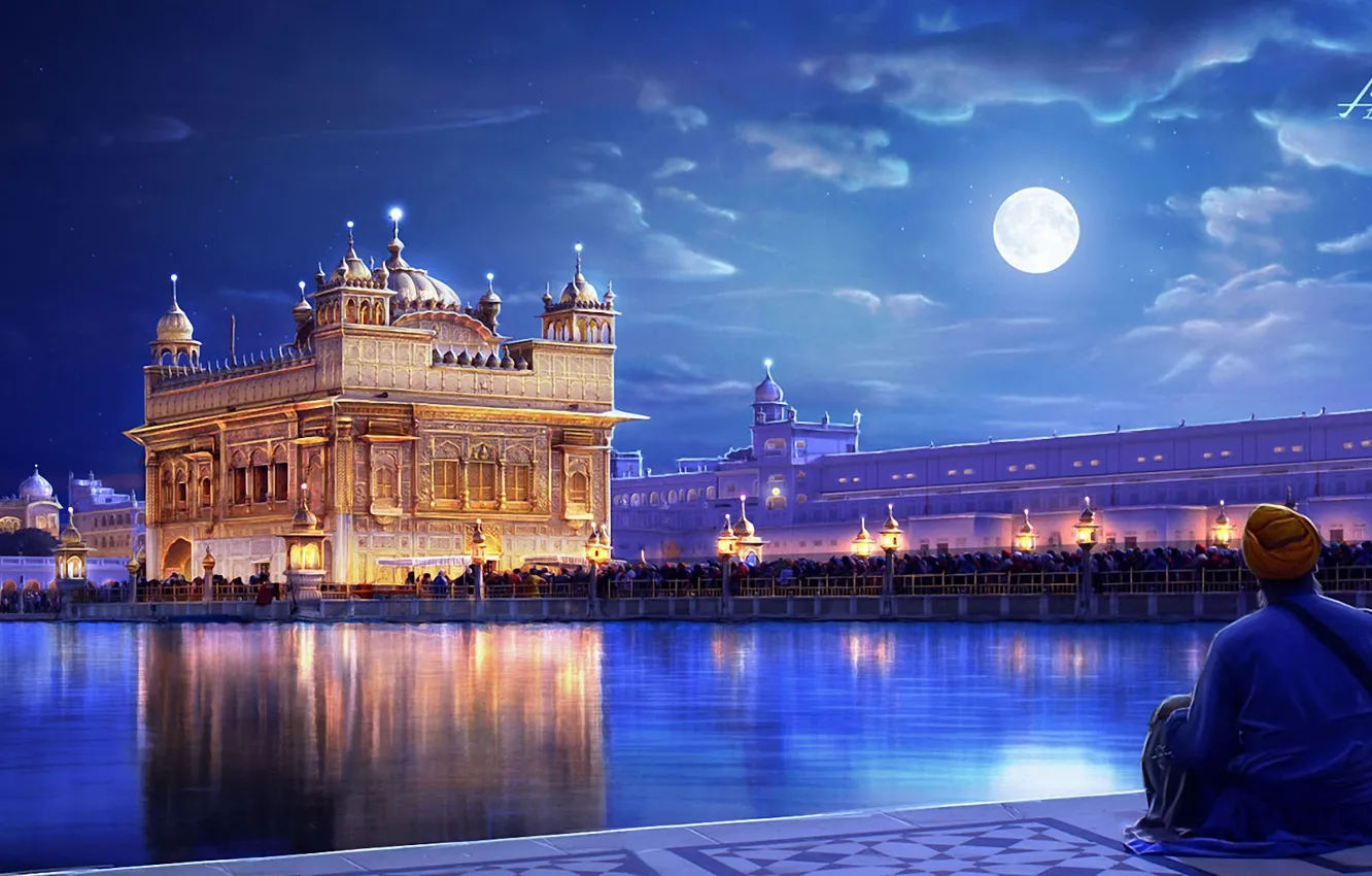 Photo wallpaper night, the city, lights, river, the moon, people, art, India