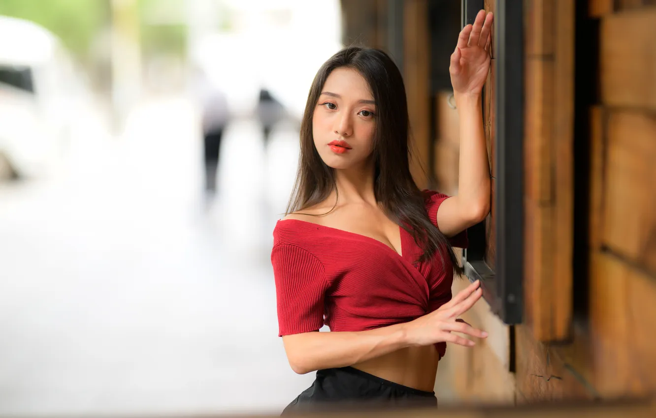Photo wallpaper look, hands, blouse, Asian, in red, blurred background