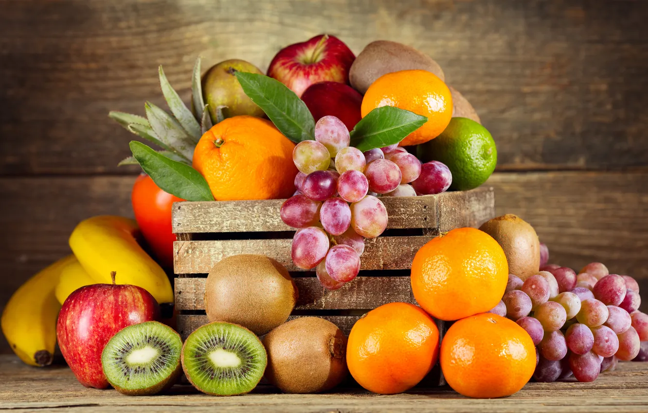 Photo wallpaper apples, orange, kiwi, grapes, fruit, box, tangerines, janani