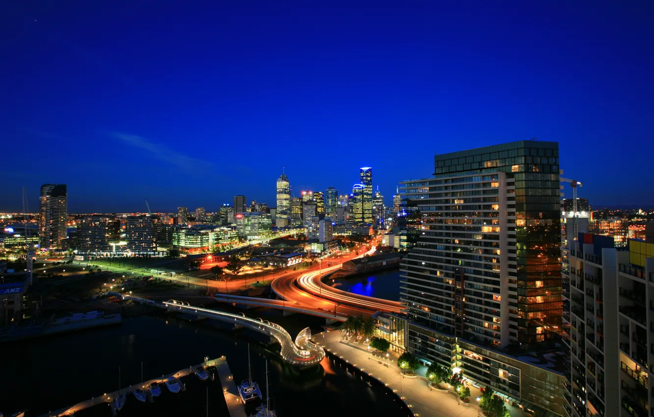 Photo wallpaper night, lights, street, skyscraper, home, interchange, panorama, Melbourne