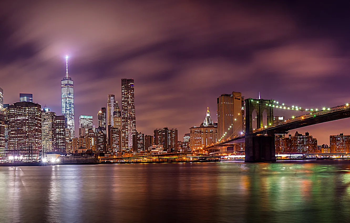 Photo wallpaper New York, panorama, Brooklyn bridge, night city, Manhattan, Manhattan, New York City, Brooklyn Bridge
