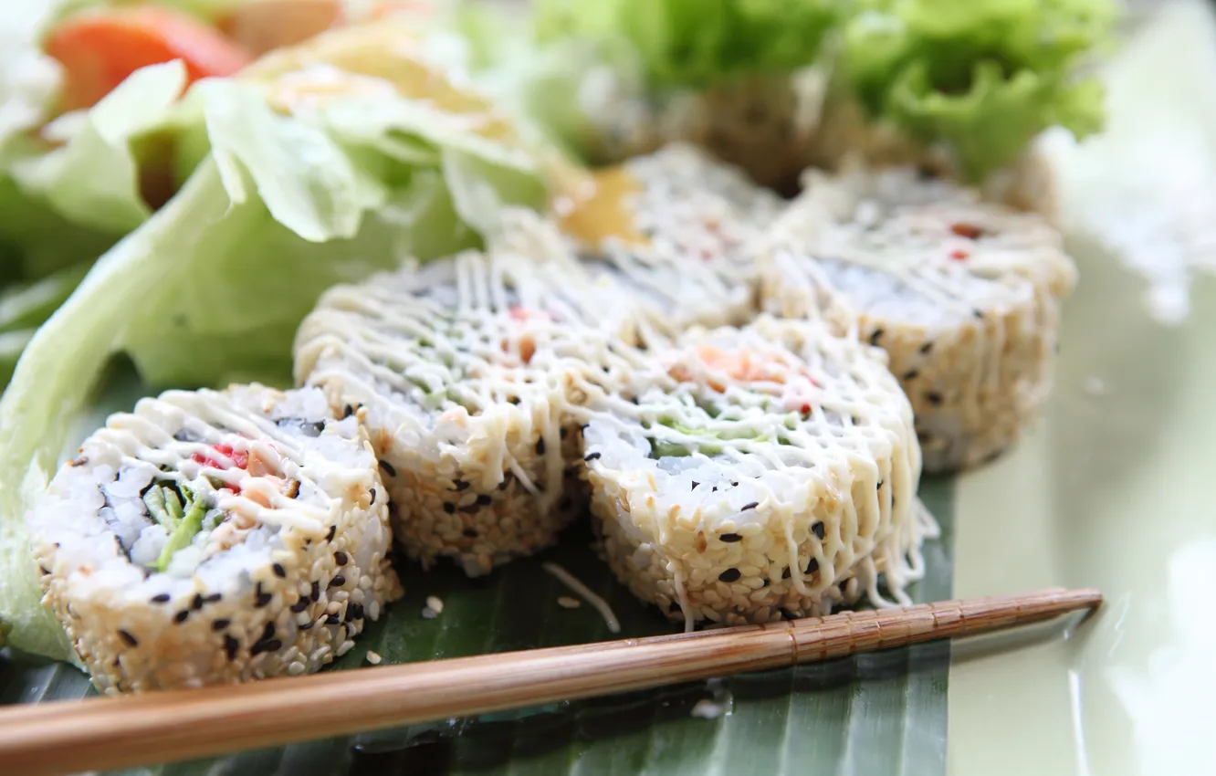 Photo wallpaper algae, fish, figure, sauce, sushi, sesame, rolls, Japanese cuisine