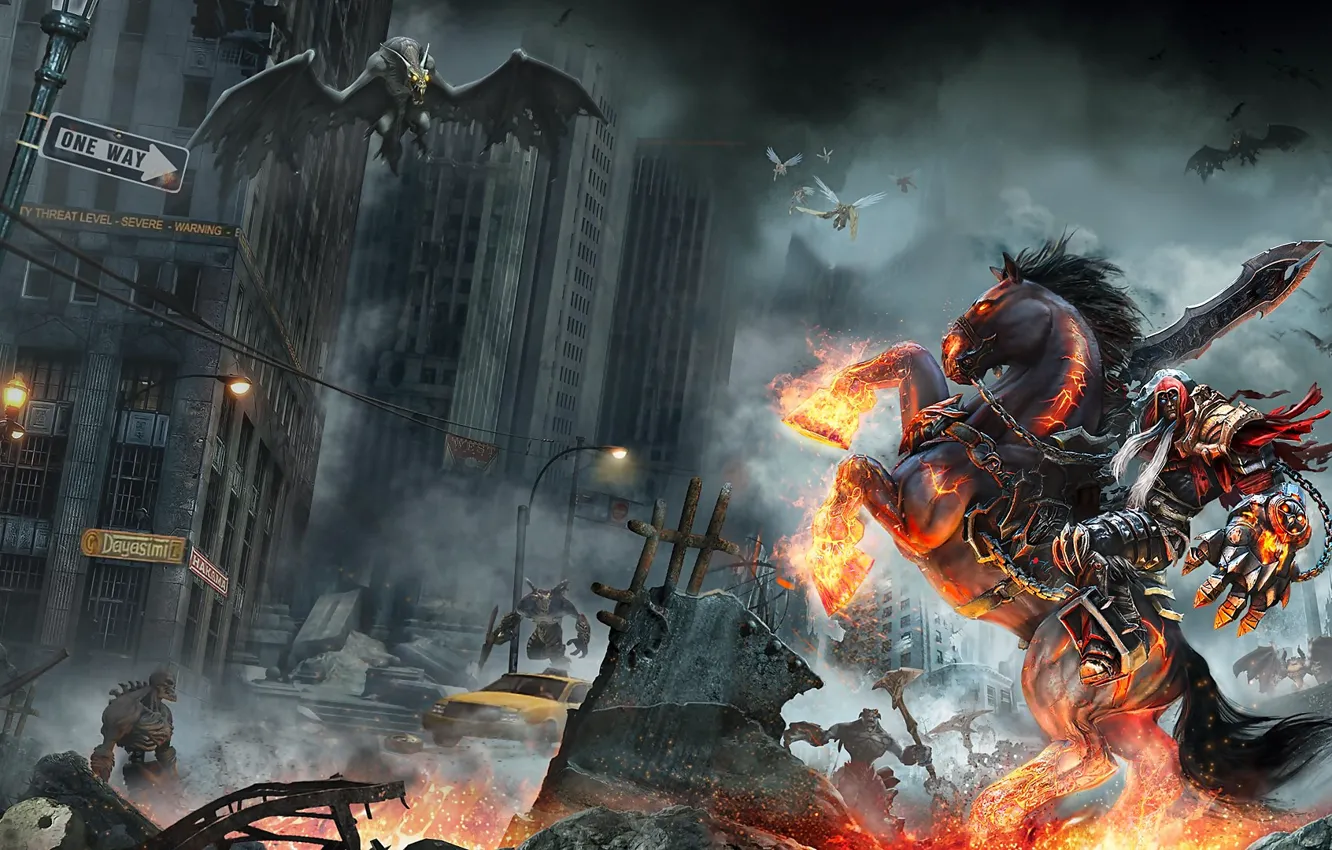 Photo wallpaper the city, horse, rider, bats, darksiders