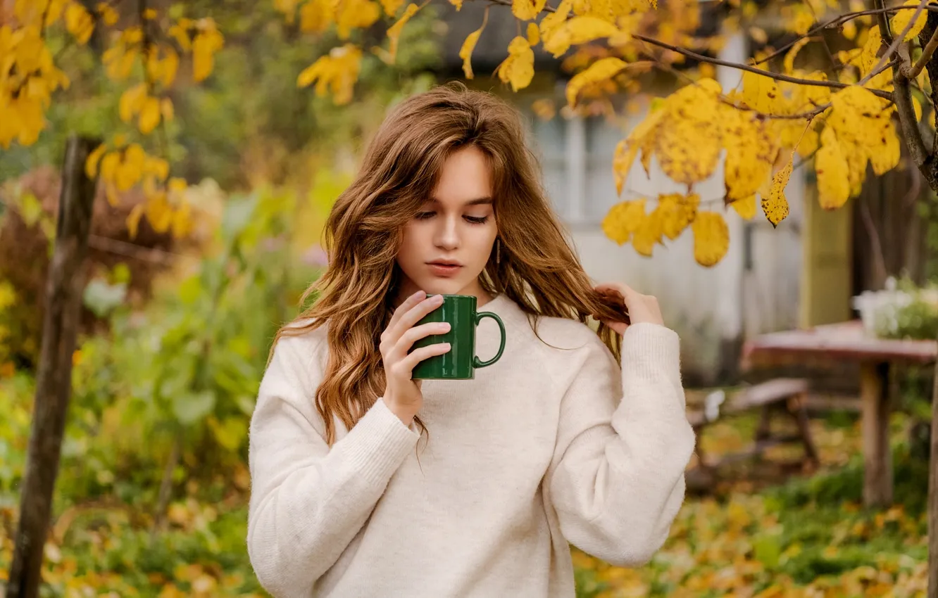 Photo wallpaper autumn, girl, branches, table, posts, foliage, home, garden