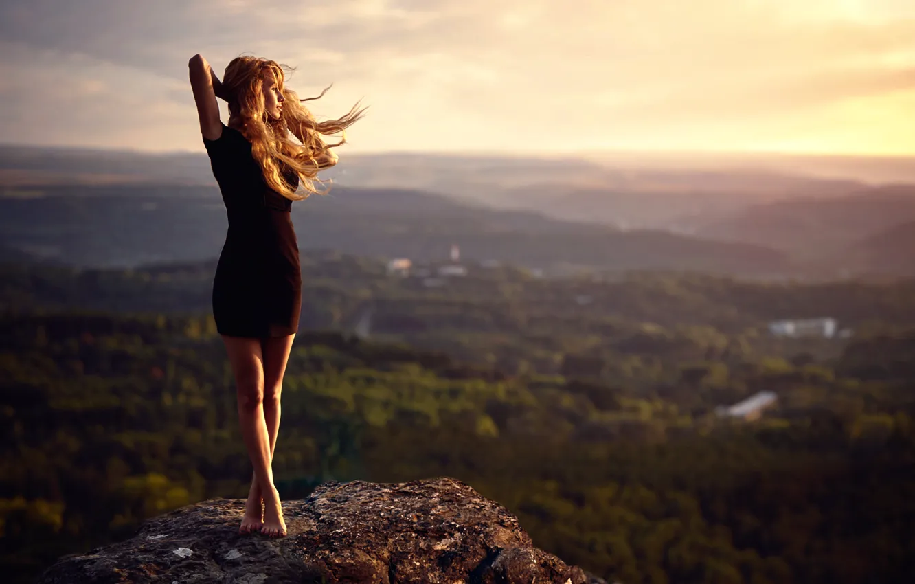 Photo wallpaper girl, the wind, stone, view, height, dress, legs