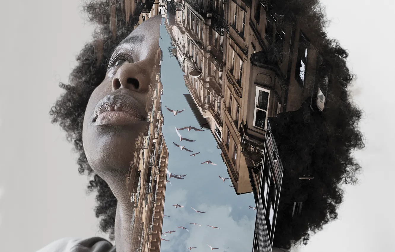 Photo wallpaper girl, the city, hair, home, Negro, digital art, AI art, The Art of Artificial Intelligence