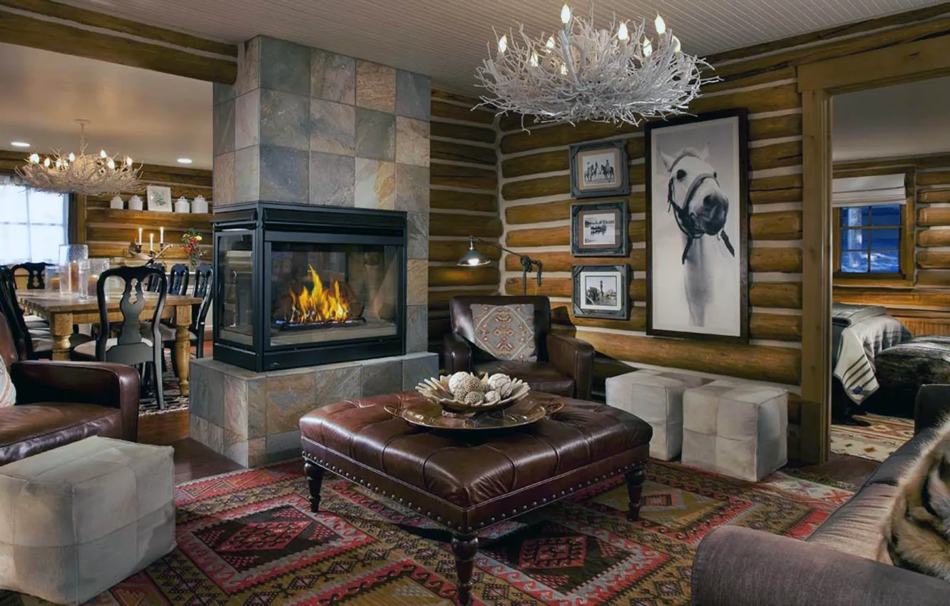 Photo wallpaper style, home, interior, fireplace, living room, dining room, living space