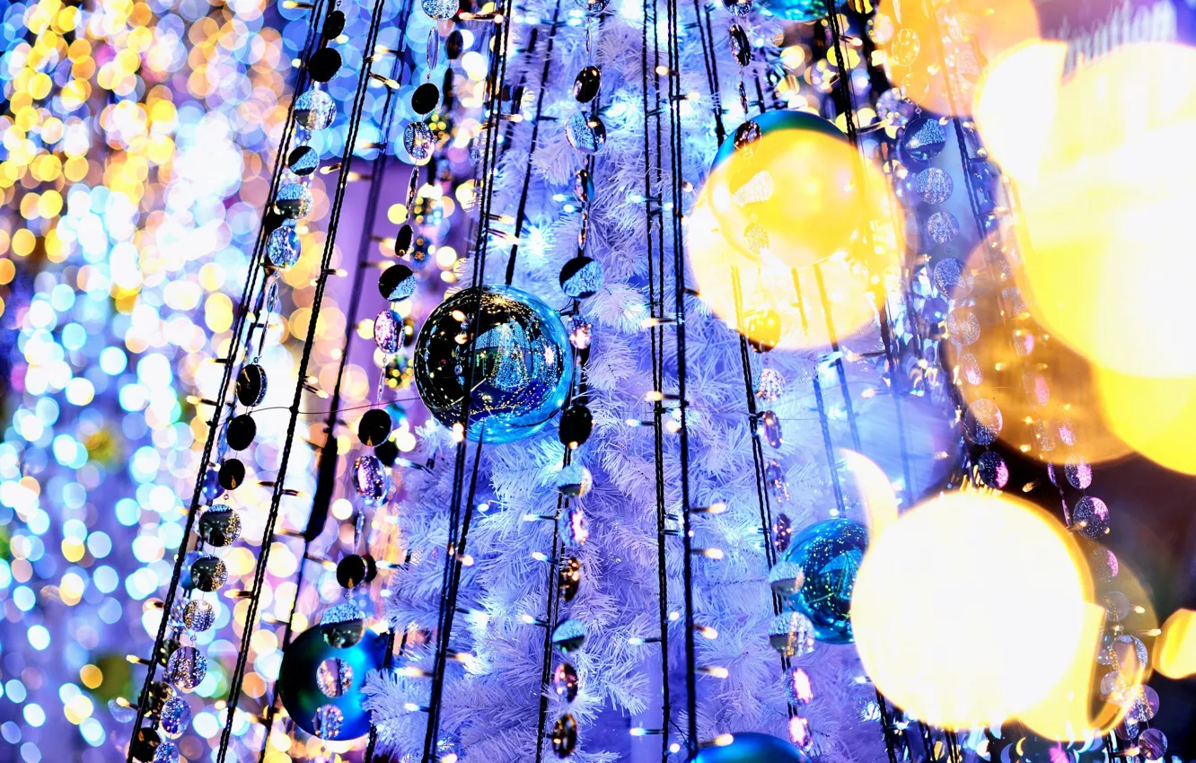 Photo wallpaper light, lights, reflection, holiday, balls, tree, garland, bokeh