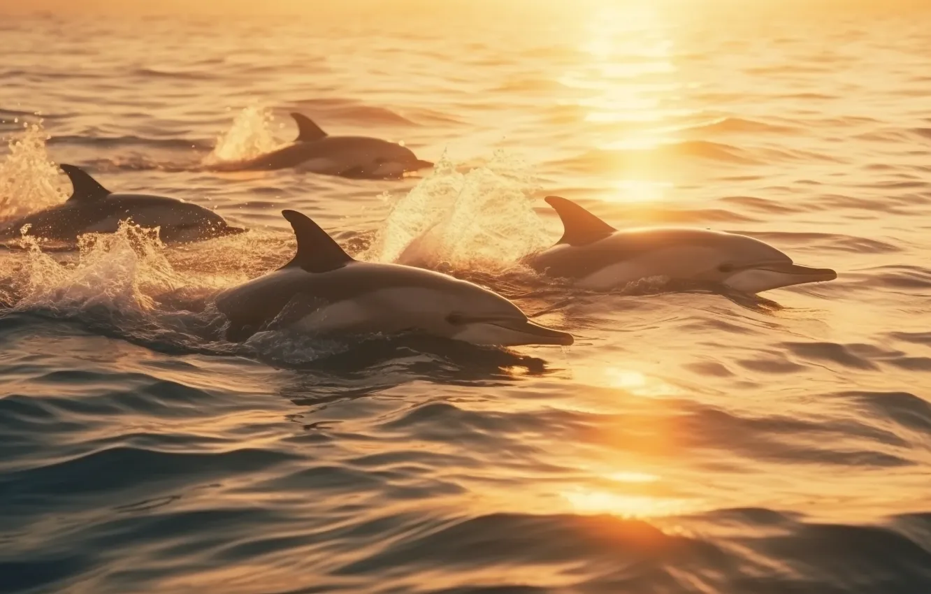 Photo wallpaper sea, wave, water, the ocean, jump, dolphins, swimming, sports